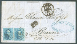 N°15A(2) - Médaillons 20 Centimes Bleus (paire), Obl. LP.215 Sur Lettre De LEUZE Le 14 Mars 1865 Vers Beaune -  21099 - 1863-1864 Medallions (13/16)
