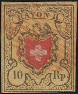 555 Svizzera 1850 - Rayon II, 10 Rappen, Giallo Nero E Rosso, Annullato Con Parte Del Bollo A Griglia Federale N. 15. F - 1843-1852 Federal & Cantonal Stamps