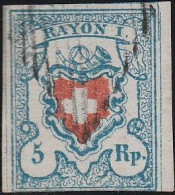 556 Svizzera  1850 - Rayon I, 5 Rappen, Azzurro Chiaro E Rosso, Annullato Con Il Bollo A Griglia Federale N. 20. Cert. R - 1843-1852 Correos Federales Y Cantonales