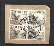 ANDORRA CORREO ESPAÑOL BLOQUE DE 4 SELLOS ESPAÑOLES CON MATASELLOS DE ANDORRA 13 DE AGOSTO 1951 ( S. L.) - Gebruikt