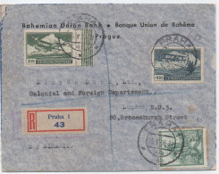 1936 Czechoslovakia Airmail Registered Cover, Letter. Bohemian Union Bank, Praha, London England. (A06308) - Luftpost
