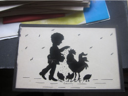Image Boy With A Rooster And Lungs. Framed, Hand-drawn Old Drawing Is Not A Print  9x14 Cm - Silhouettes