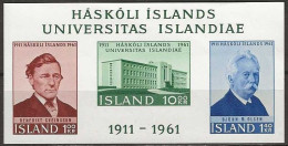 ICELAND 1961 50th Anniversary Of Iceland University Miniature Sheet -  1x 10k, 1x 1k40 & 1x 1kr MH - Neufs