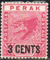 MALAYA PERAK MALESIA 1892 1895 TIGER SURCHARGED 3 CENTS 3c On 2c MH - Perak