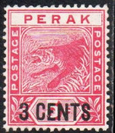 MALAYA PERAK MALESIA 1892 1895 TIGER SURCHARGED 3 CENTS 3c On 2c MNH - Perak