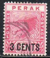 MALAYA PERAK MALESIA 1892 1895 TIGER SURCHARGED 3 CENTS 3c On 2c USED USATO OBLITERE' - Perak