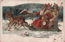 NOEL - Pere Noel Sur Un Traineau Avec Un Ange Et Ses Rennes - Carte Postale Ancienne - Santa Claus