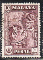 MALAYA PERAK MALESIA 1957 1961 PORTRAIT OF SULTAN YUSSUF IZZUDIN SHAH TIGER 10c USED USATO OBLITERE' - Perak