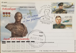 A) 2013, RUSSIA, POSTCARD, CENTENARY OF THE BIRTH OF AVIATOR POKRYSHKIN, THREE TIMES HERO OF THE USSR, XF - Gebruikt