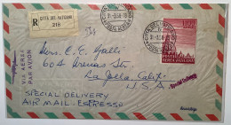 Posta Aerea Sa34 1958 1000L Lettera Espresso Special Delivery Air Mail>La Jolla Cal. USA (Vatican Vaticano Cover - Storia Postale