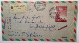 Posta Aerea Sa34 1958 1000L Lettera Espresso Special Delivery Air Mail>La Jolla Cal. USA (Vatican Vaticano Cover - Cartas & Documentos