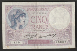 France - Billet 5 Francs Violet Du AV.4-5-1933.AV    N°   J.54877 - 829  (pas De Trous D'épingle) - 5 F 1917-1940 ''Violet''