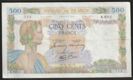 Billet 500 Francs, La Paix  FX. 9 - 7 -1942. FX  - N° K.6214 - 753 - 500 F 1940-1944 ''La Paix''