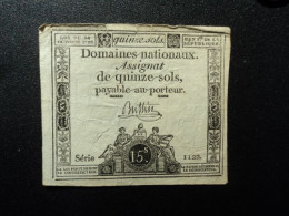 FRANCE : ASSIGNAT DE QUINZE SOLS DES DOMAINES NATIONAUX Loi 24.10.1792  P A65 *  TTB ** - Assignats