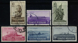 Türkiye 1949 Mi 1235-1240 Fleet Day | Turkish Galley, Frigate, Small Cruiser, Submarine, Battlecruiser, Barbarossa - Used Stamps