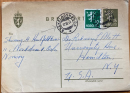NORWAY 1951, POSTAL STATIONERY CARD, ILLUSTRATE, LION RAMPANT, USED TO USA, BEKKELAGSHOGDA CITY CANCEL. - Storia Postale