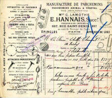 FACTURE.PARIS.MANUFACTURE DE PARCHEMINS VEGETAL & ANIMAL.E.HANNAIS PARCHEMINIER-IMPRIMEUR 237 RUESAINT DENIS. - Druck & Papierwaren