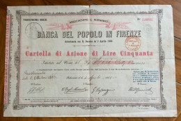 BANCA DEL POPOLO IN FIRENZE - CARTELLA DI AZIONE DA LIRE CINQUANTA - 1866  - TREDICESIMA SERIE - Transporte