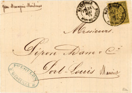31 Mai 1879 Sage 35c N°93 Sur Lettre De Marseille Vers Port Saint Louis Île Maurice C.A.D. Bleu Mauritius,signée Calves - 1877-1920: Semi Modern Period
