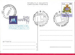 SAN MARINO - CARTOLINA POSTALE CENTENARIO FRANCOBOLLO CON ANNULLO F.D.C. *31-8-77* (INT. 37) - Postal Stationery