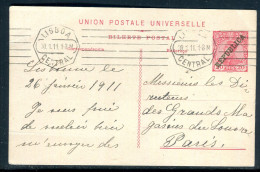 Portugal - Entier Postal Surchargé De Lisbonne Pour Paris En 1911 - M 56 - Interi Postali