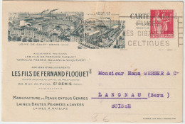 Carte Paix 1fr25 Seul Paris 86 Manufacture Floquet Laines Peaux Matelas Pour La Suisse - 1932-39 Vrede