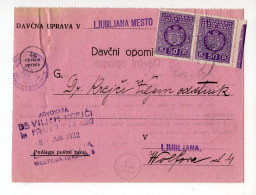 1932. KINGDOM OF YUGOSLAVIA,SLOVENIA,LJUBLJANA,TAX OFFICE PAYMENT REMINDER,POSTAGE DUE - Strafport