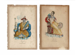 Two Old Antique Handcoloured Engraving (drawn By) Leopold Massard India Inde Rajah Of Baroda Femme Voyage En Asie HEBER - Art Asiatique