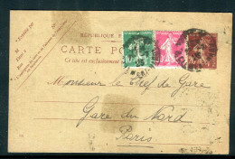 Entier Postal Type Semeuse + Compléments De Paris (Hôtel Plaza) Pour Le Chef De La Gare Du Nord En 1925 - M 74 - Standard- Und TSC-AK (vor 1995)