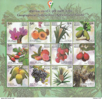 India 2023 Agricultural Geographical Goods Fruits Flowers Trees Set Of 12 Stamps In Sheetlet Mint - Blocks & Kleinbögen