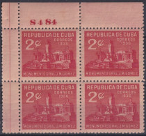 1936-417 CUBA REPUBLICA 1936 2c JOSE MIGUEL GOMEZ PLATE NUMBER BLOCK 4. - Nuovi