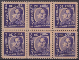 1937-457 CUBA REPUBLICA 1937 3c COLOMBIA GEN. SANTANDER ESCRITORES Y ARTISTAS ORIGINAL GUM BLOCK 6.  - Ongebruikt