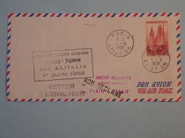 BT2 FRANCE  BELLE LETTRE  1958 1ER LIAISON  PARIS A TURIN ITALIA  + AFF. PLAISANT+++ - Primeros Vuelos