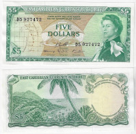 Banknote East Caribbean 5 Dollars 1965 Pick-14g Queen Elizabeth II Uncirculated (catalog US$100) - East Carribeans