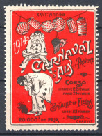 Carrnaval Aix-en-Provence Carnival CLOWN Mask LABEL CINDERELLA VIGNETTE France 1914 - Nuovi