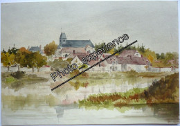 Illustration Originale Dessin Art Aquarelle Panorama Village 1920 MARCILLY SUR SEINE 51 Marne France - Acuarelas