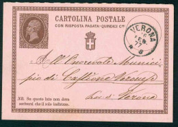 VX412 - CARTOLINA POSTALE CON RISPOSTA PAGATA 15 CENTESIMI  STORIA POSTALE INTERO POSTALE 1877 VERONA - Postwaardestukken