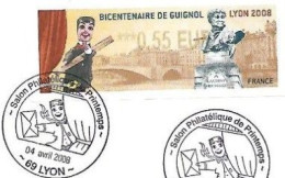 LISA - 2008  - Bicentenaire De Guignol Lyon  ( 0.50 € Sur Enveloppe Avec Cachet 1er Jour ) + 2 Vignettes Vierges - 1999-2009 Illustrated Franking Labels