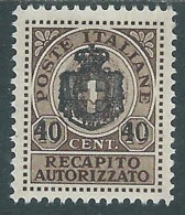 1945 LUOGOTENENZA RECAPITO AUTORIZZATO SOPRASTAMPATO 40 SU 10 CENT MH * - P29-5 - Recapito Autorizzato