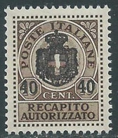 1945 LUOGOTENENZA RECAPITO AUTORIZZATO SOPRASTAMPATO 40 SU 10 CENT MNH ** P19-2 - Service Privé Autorisé