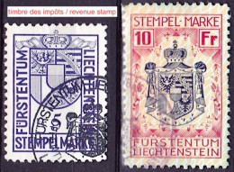 Liechtenstein: 5+10 Fr. STEMPEL-MARKEN Gestempelt / Timbres D'impôts, Obliterée / Revenue Stamps, Nicely Used - Steuermarken