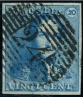 BELGIQUE - COB 2a - 20C BLEU CLAIR EPAULETTES MARGE OBLITERE - 1849 Hombreras