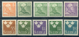 SWEDEN 1948 Definitive: King Gustav V And Crowns (10v) MNH / **.  Michel 332-39 - Unused Stamps