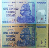 Lot 2 Billets 100 Trillion Dollars ZIMBABWE - Polymer Gold Silver - Or Et Argent - Zimbabwe