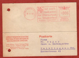 Karte, Freistempel WMF Wuerttembergische Metallwarenfabrik Geislingen, Nach Waiblingen 1940 (18419) - Marcophilie - EMA (Empreintes Machines)