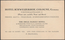 Information Card, Hotel Schweizerhof, Cologne, C.1920s - Deportes & Turismo