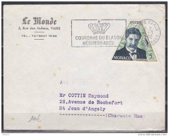 Monaco Enveloppe Yvert N° 413 Oblitéré - Flamme Couronne Du Blason... 09/03/1955 - "en Tete Le Monde" - Postmarks