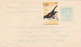 RE WINGED BLACKBIRD STAMP ON JOSE ANTONIO ECHEVERRIA COVER STATIONERY, ENTIER POSTAL, 1968, CUBA - Covers & Documents
