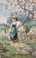 COUPLES - Un Jeune Homme Pose Un Baiser Sur La Joue D'une Jeune Fille - Prairie - Arbre - Carte Postale Ancienne - Couples