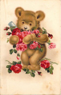 FLEURS - Ourson - Carte Postale Ancienne - Blumen